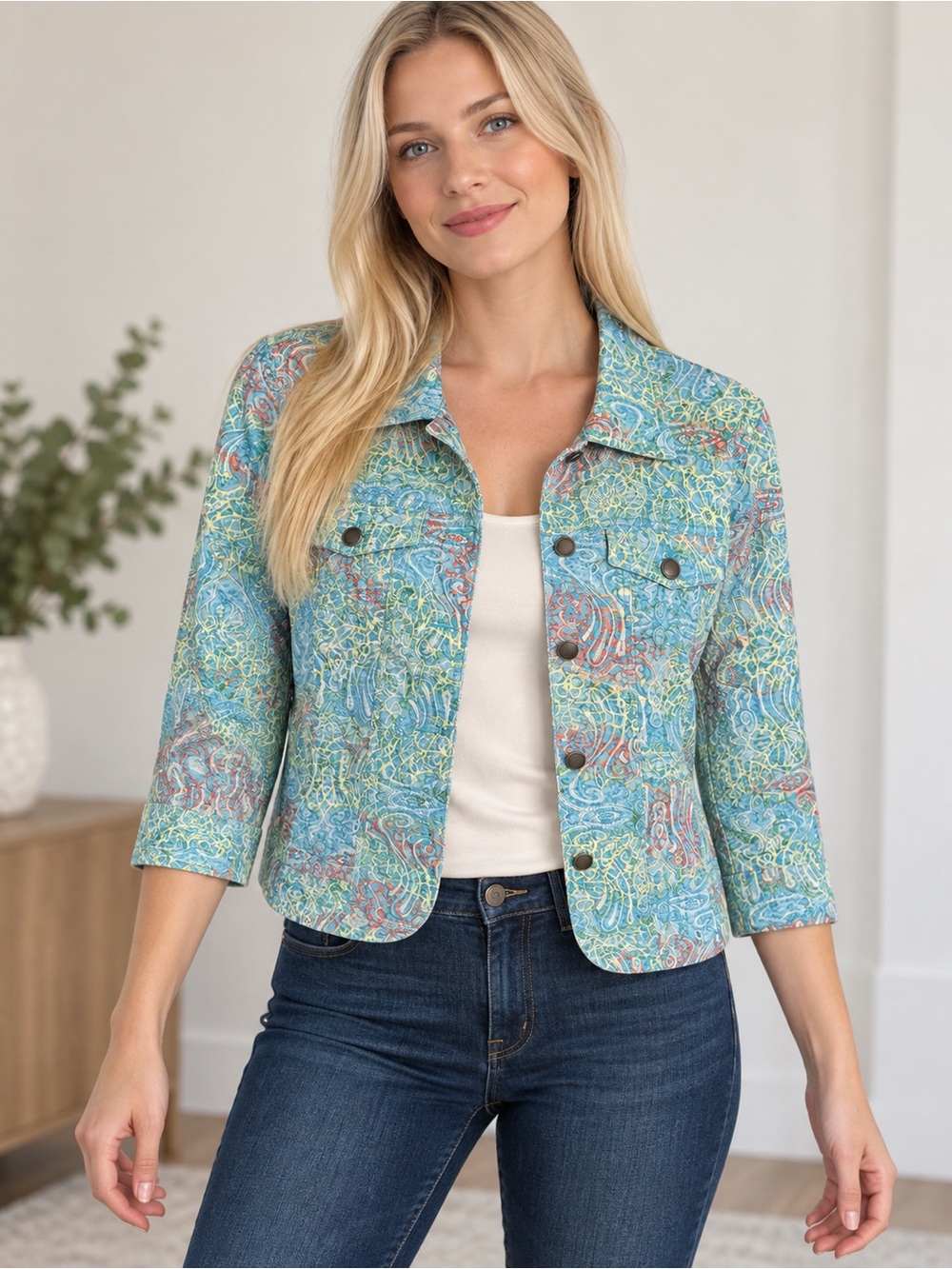 Dialogue Aqua Multi Print Patch-Pocket Jacket size small! Fits amazing! S snaps